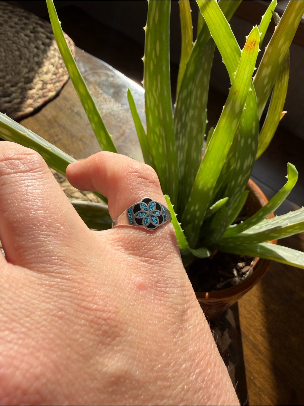 Silver and turquoise flower ring